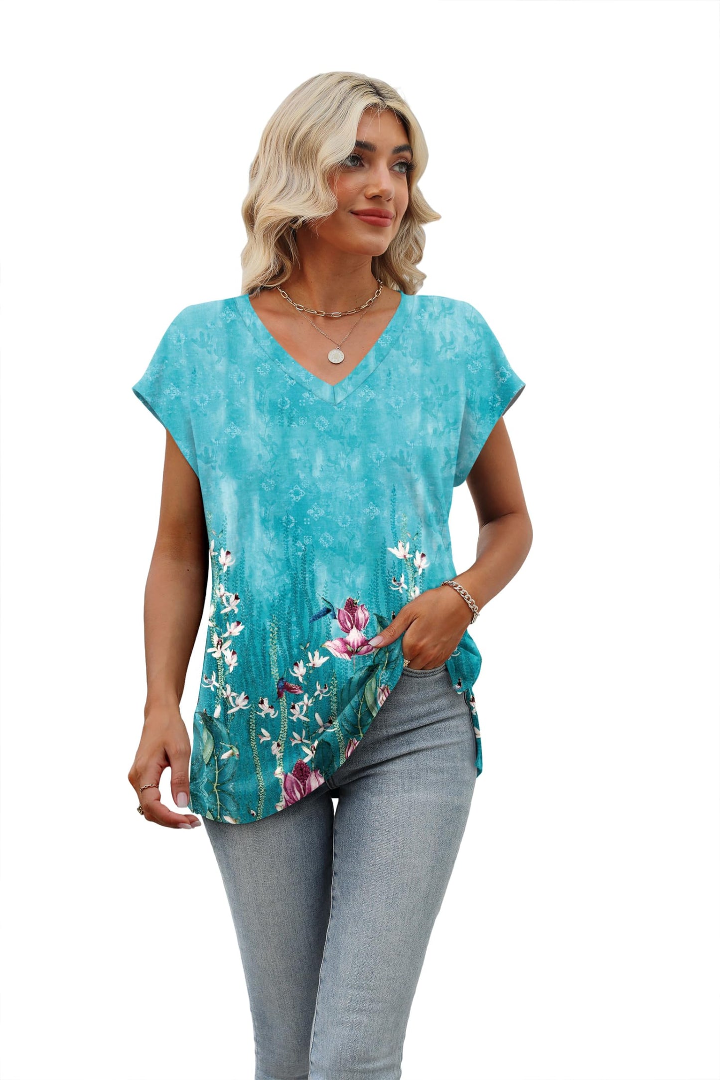 Short Sleeve V Neck Tshirts Shirts for Women Casual Cute Tops for Women Floral Shirts Pattern 10 S