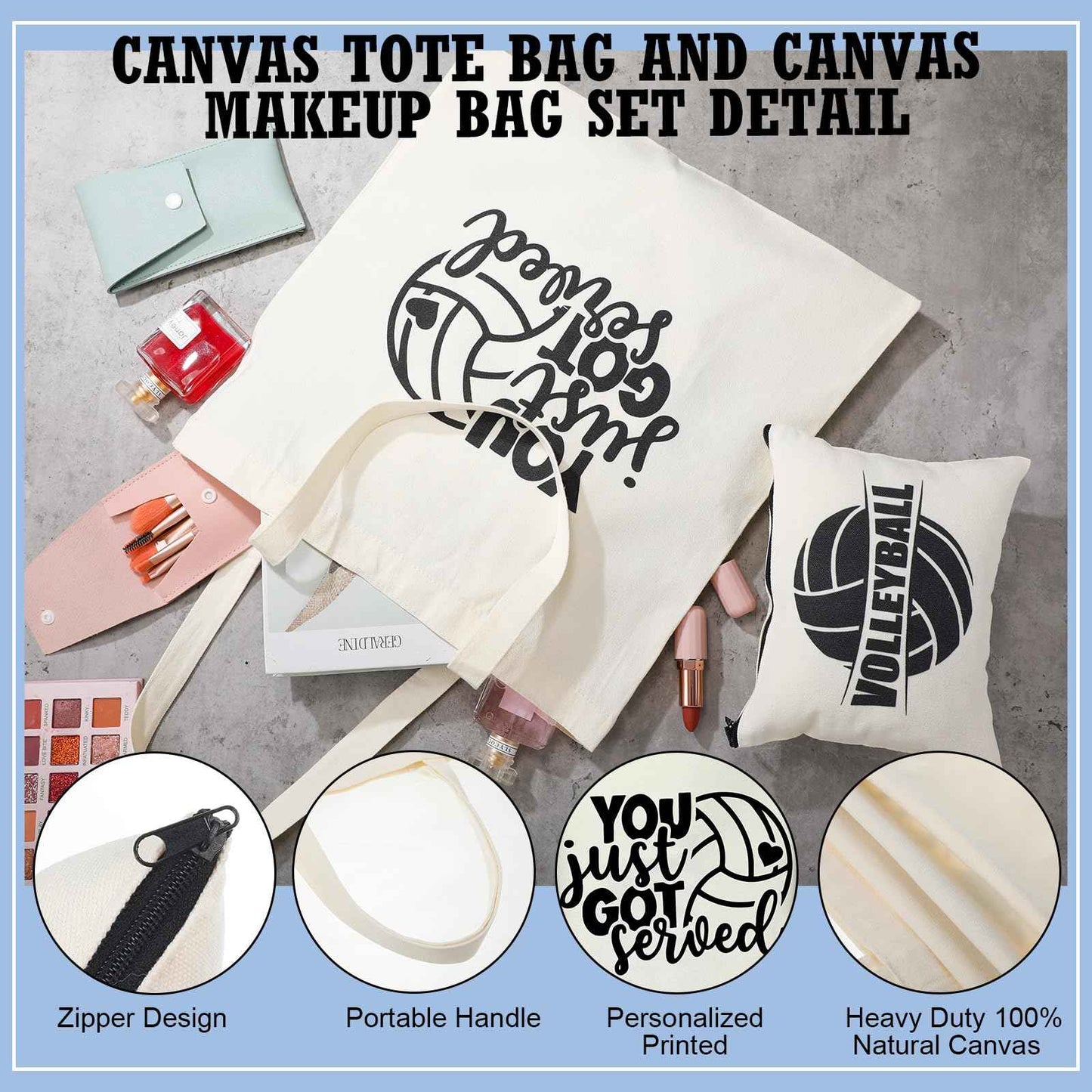 Huhumy 18 Pcs Volleyball Basketball Gifts for Women Cosmetic Bag Canvas Tote Bags Set for Teen Makeup Travel Players Teams(Volleyball)