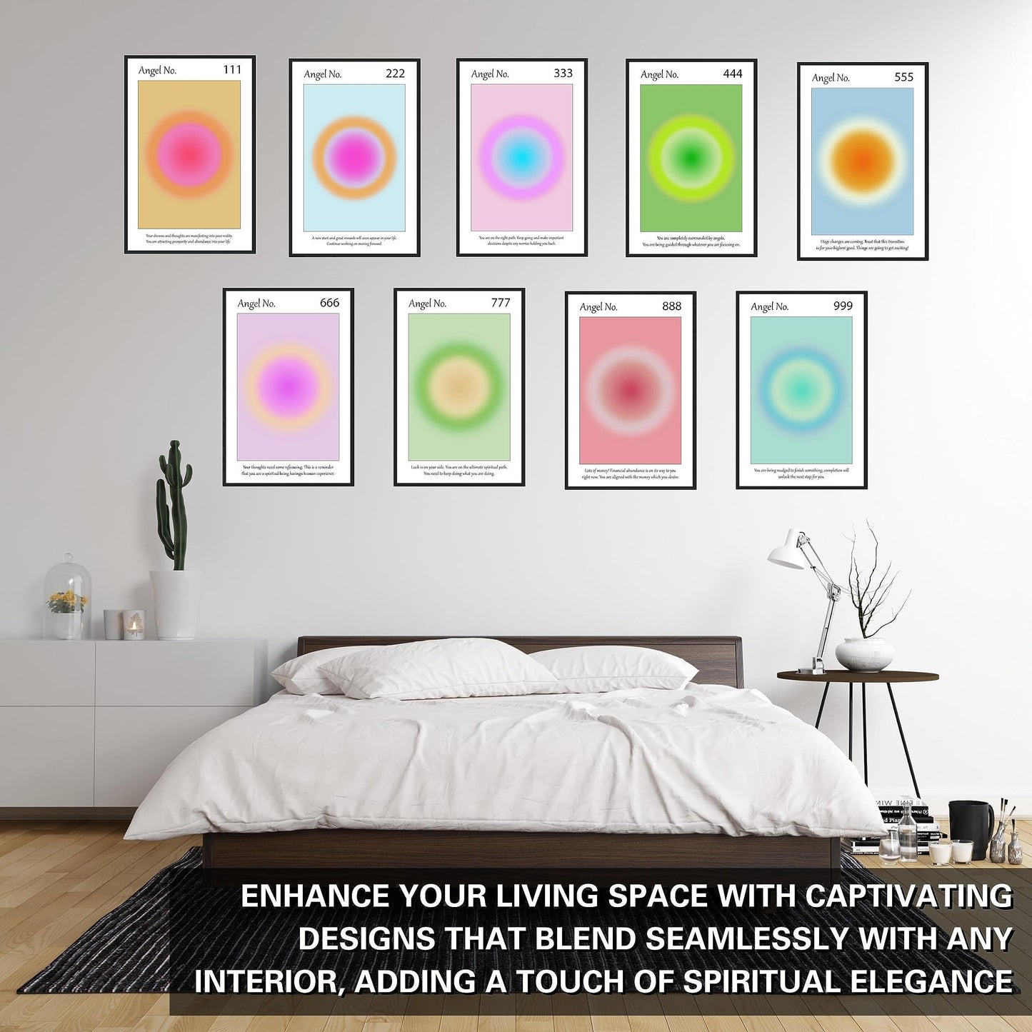 Aura Angel Numbers Poster Sets of 9 for Home Room Decor Aesthetic - Minimalist Wall Art, Positive Inspirational Quotes Poster Prints, and Aesthetic Posters for Bedroom - 11x17 in. Laminated, No Frame