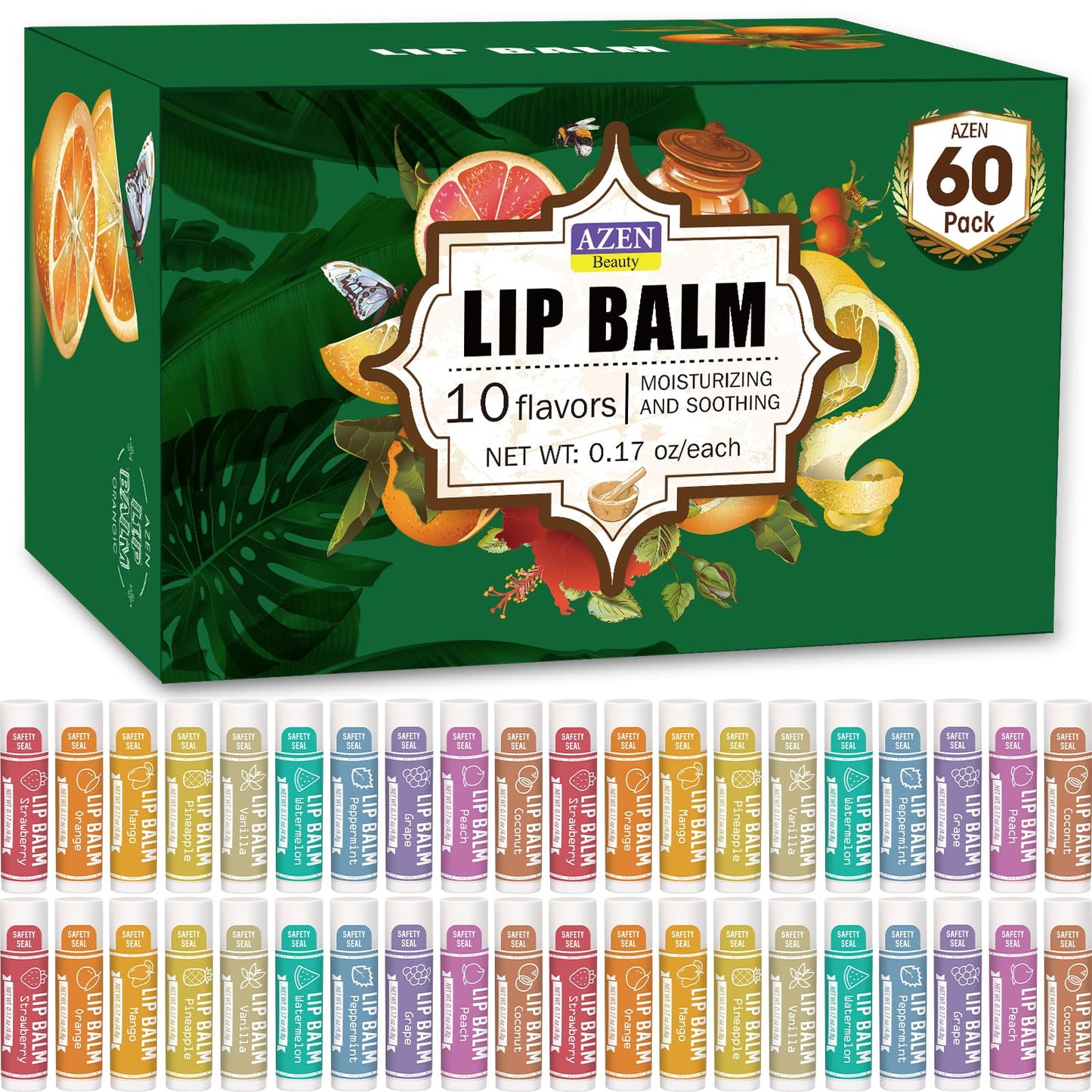 AZEN 60 Pack Lip Balm, Natural Lip Balm Bulk, Lip Care Product, Moisturizing Lip Balm for dry cracked lips - 10 Flavors