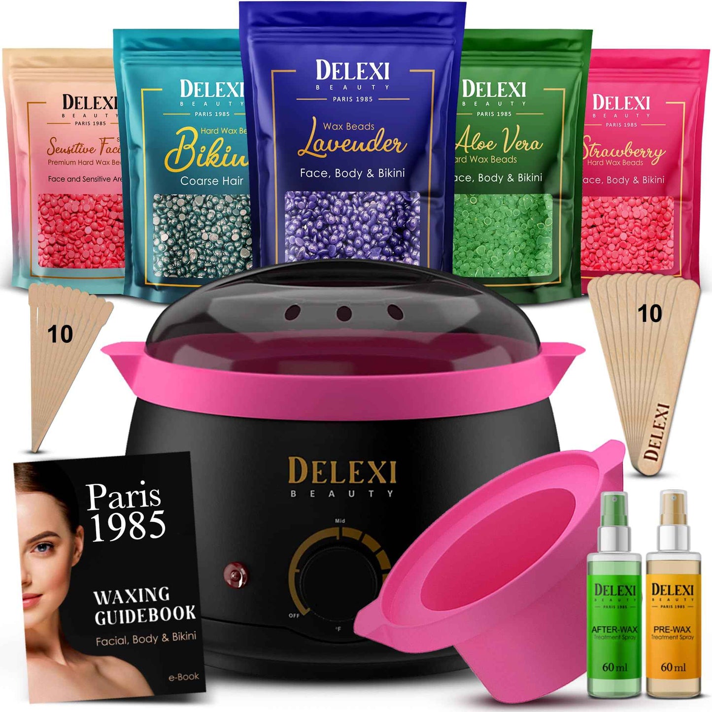 DELEXI Premium Waxing Kit for Sensitive Skin – Painless Hard Wax Beads, Safe Wax Warmer, Pre/Post Care Spray, Salon-Grade Results at Home for Face, Bikini, Brazilian & Full Body