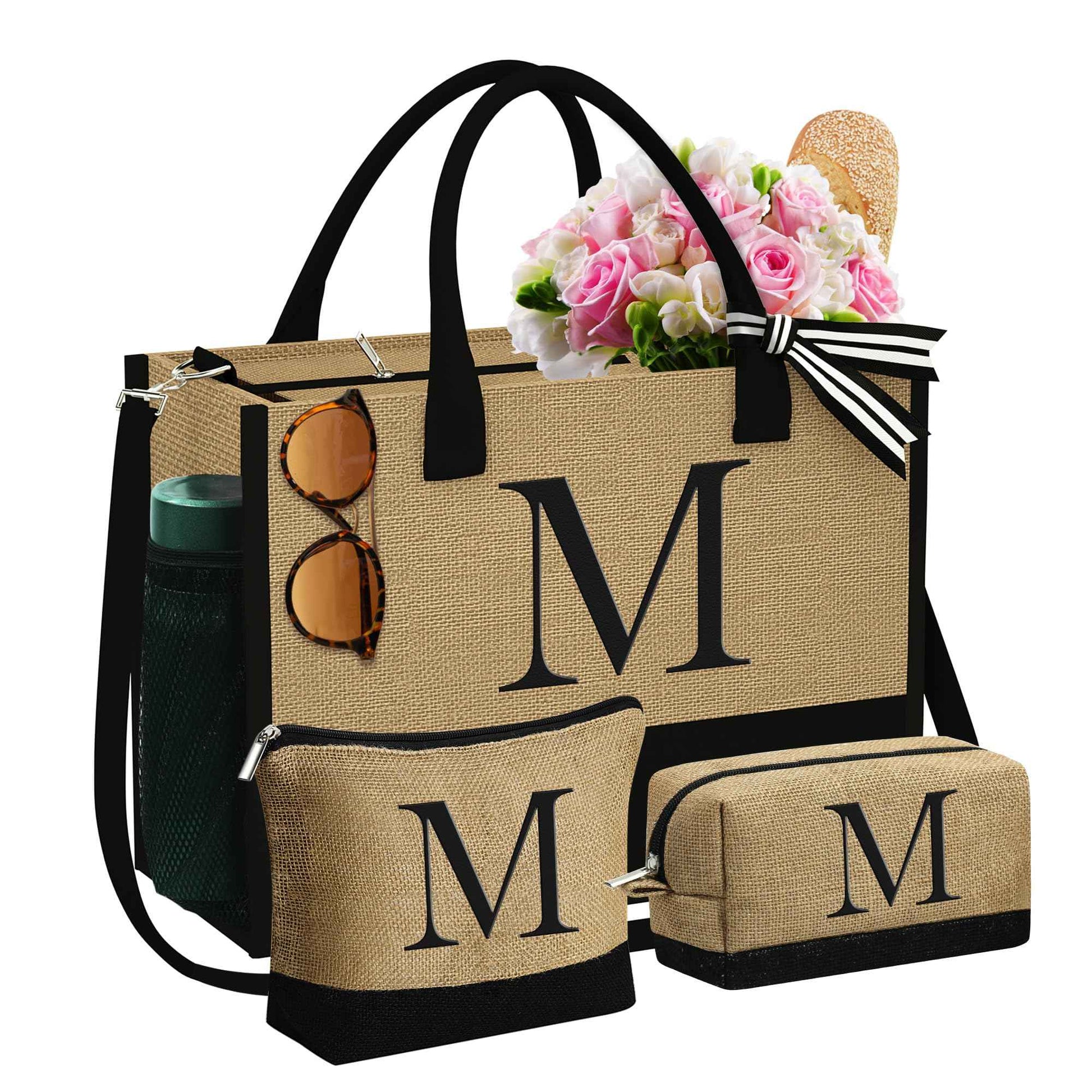YOOLIFE 3 Pcs Initial Jute Tote Bag & Initial Makeup Bag Personalized Gifts for Women Teen Girls