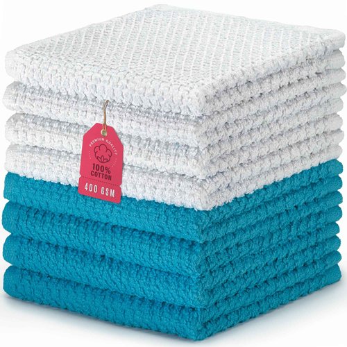 DecorRack 8 Pack 100% Cotton Face Towels, Ultra Absorbent 12 x 12 inch Wash Cloths, 400 GSM, Premium Quality, Soft Fingertip Towels for Face, Makeup, Spa, and Beauty, Blue (8 Pack)