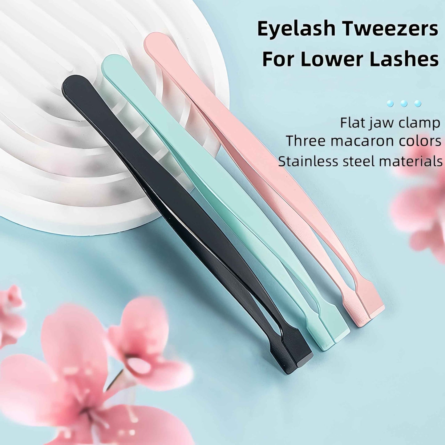 Lash Tweezers for Eyelash Extensions 3Pcs Lash Applicator Tools Stainless Steel DIY Eyelash Extensions Wisp Application Eyelash Tweezers for Lower Lashes Extensions (Black,Pink,Green)