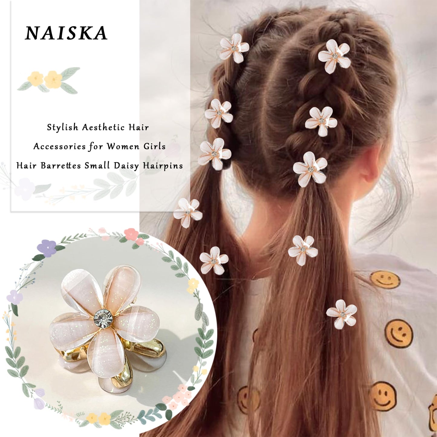 NAISKA 12 Pcs Flower Hair Claw Clips Mini Cute Hair Pins Sweet Crystal Hair Clips Decorative Non-slip Hair Clips Hair Accessories for Women Girls (White)