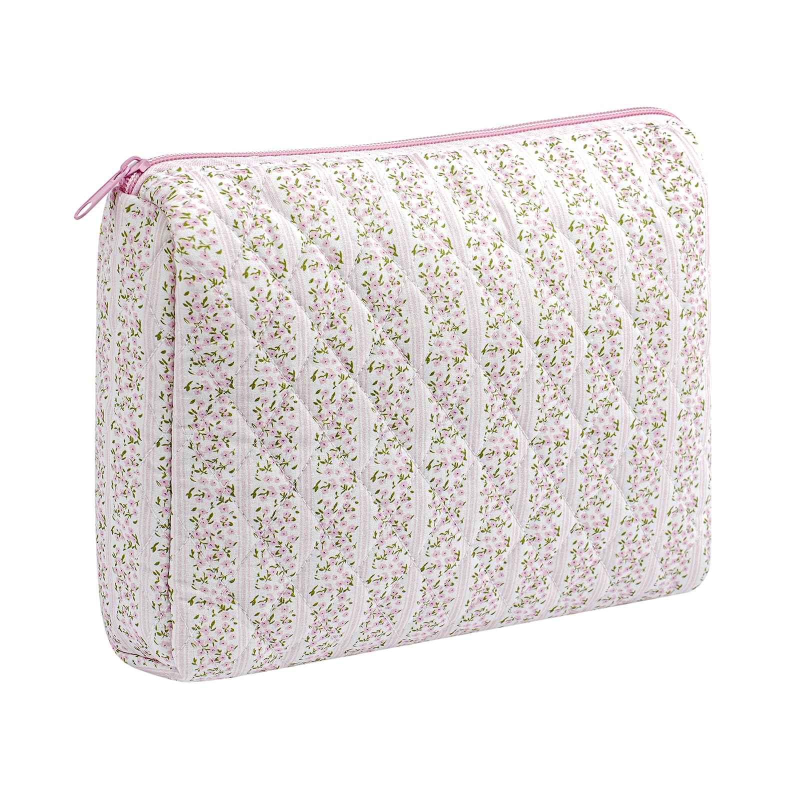 HHQQWZ Large Travel Makeup Bag Cosmetic Bag for Women Girls, Cute Large Floral Cotton Cosmetic Bag, Zipper Toiletry Bag Makeup Brushes Accessories Organizer Storage Bag (Pink Floral)