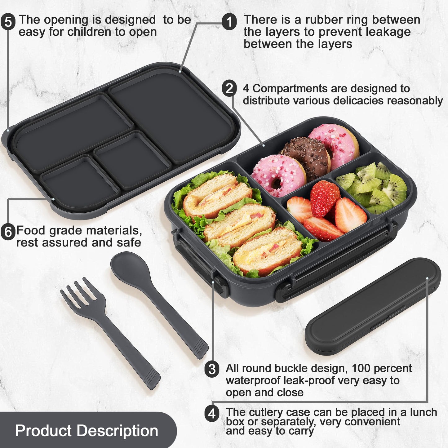 Amathley Lunch Box Kids,Bento Box Adult,Leakproof Lunch Containers for Adults/Kids/Toddler,1200ML-4 Compartments bento Lunch box with Utensil,Microwave & Dishwasher & Freezer Safe (Dark Gray)