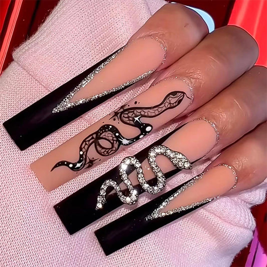 Extra Long Press on Nails Square French Tip False Nails Black Nude Fake Nails with Snake Charms Design Artificial Nails Full Cover Acrylic Nails Nail Decorations for Women 24Pcs