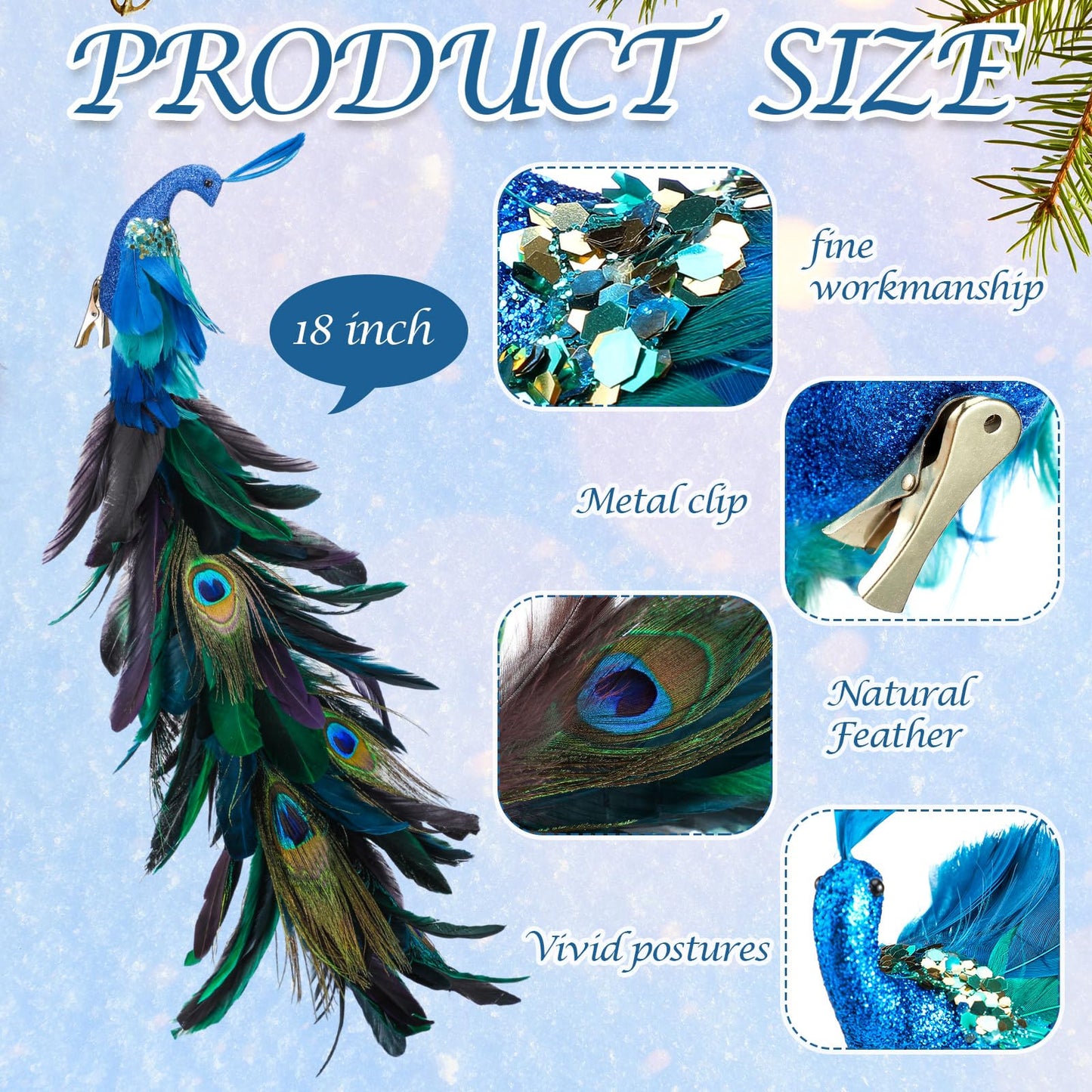 2 Pcs Peacock Christmas Tree Ornaments Long Tail Feather Peacock Christmas Decorations Glitter Peacock Bird Clip On Ornament for Xmas Tree Decor (Trendy Style)