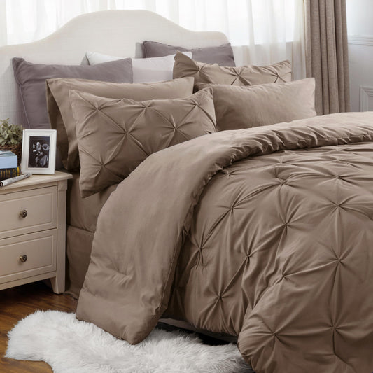 Bedsure Twin Size Comforter Sets Brown - 5 Pieces Pintuck Bed Set Twin Size, Twin Size Bed in a Bag with Comforter, Sheets, Pillowcase & Sham