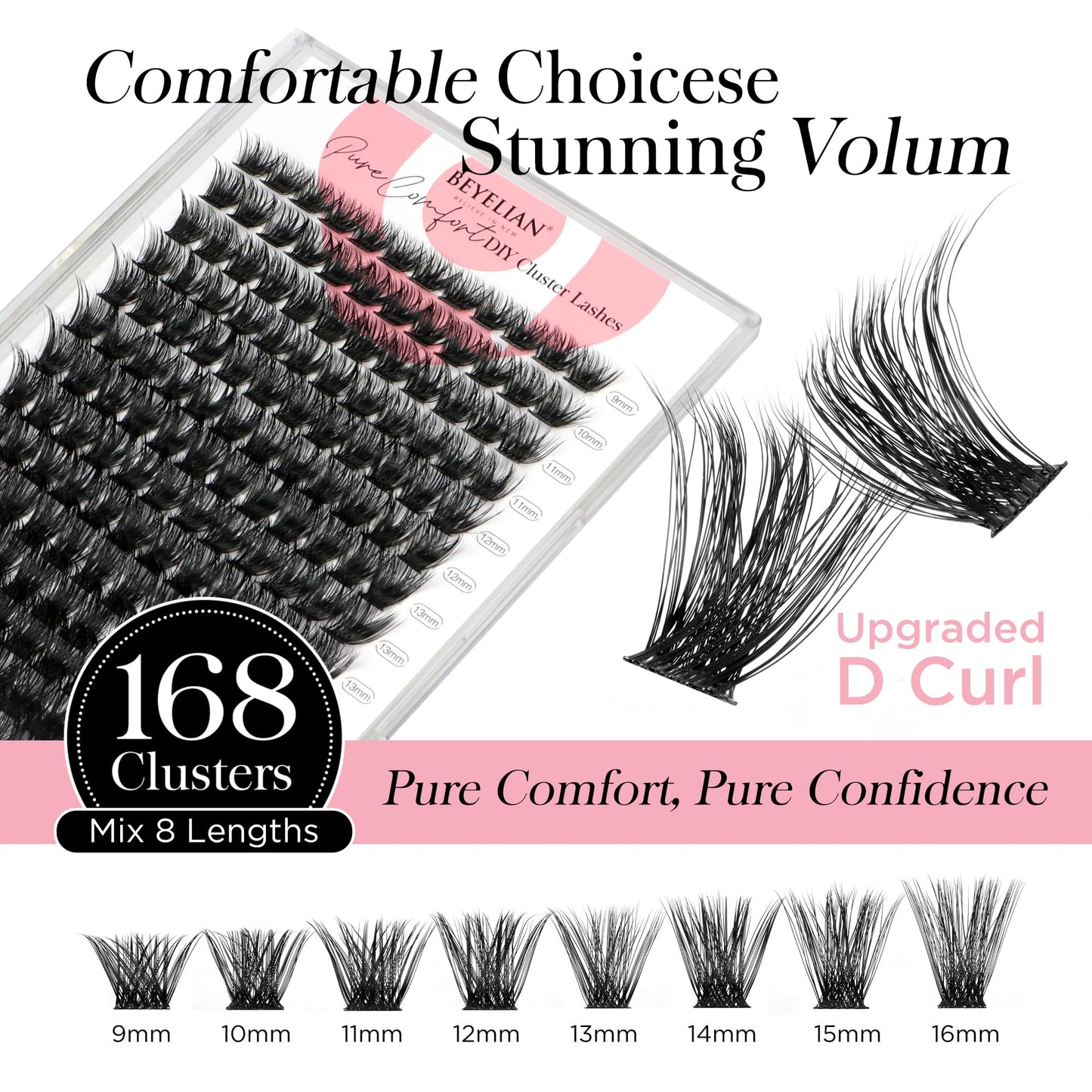 BEYELIAN Lash Extension Kit 168 Pcs Lash Clusters D Curl 10-16mm Lash Clusters Kit with Lash Bond and Seal and Remover Dense Look DIY Lash Kit Easy to Apply at Home (56D,Black)