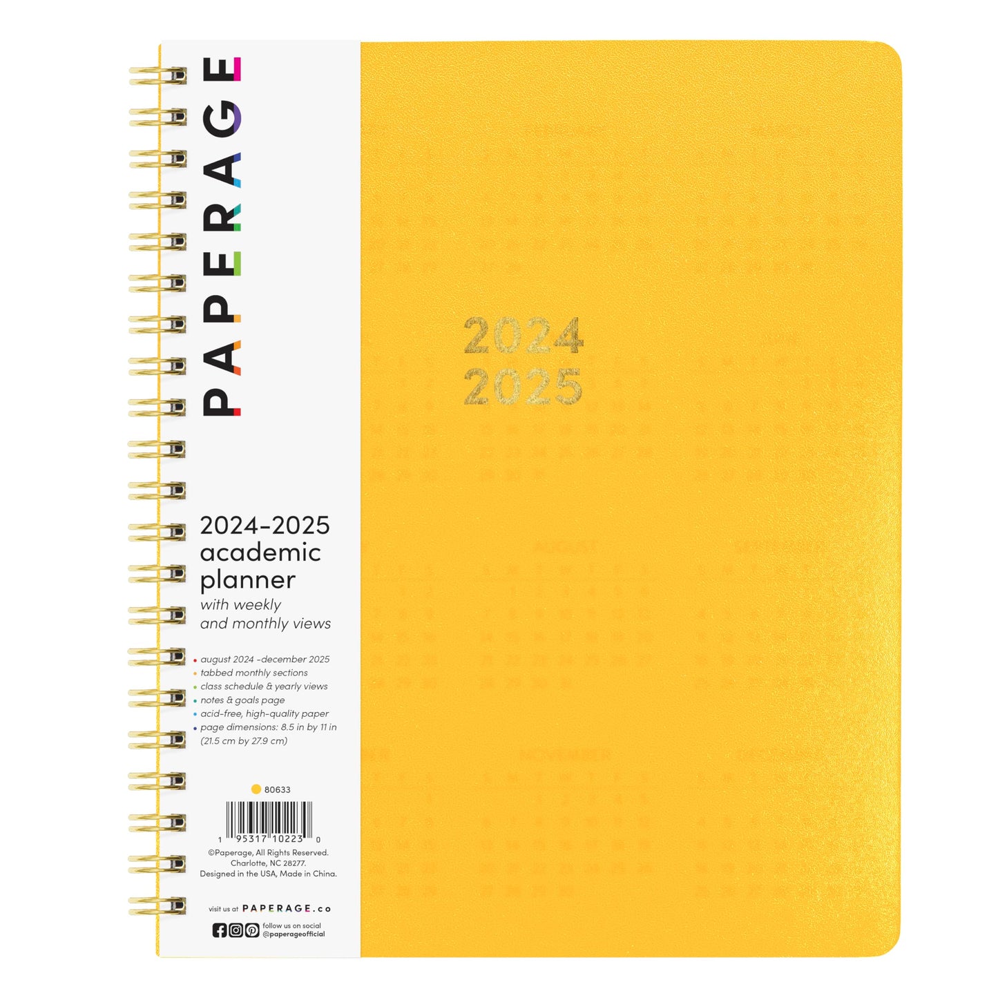 PAPERAGE 17 Month Academic Planner 2024-2025, Weekly & Monthly Spreads, August 2024 - December 2025, Large (9 in x 11 in), Yellow