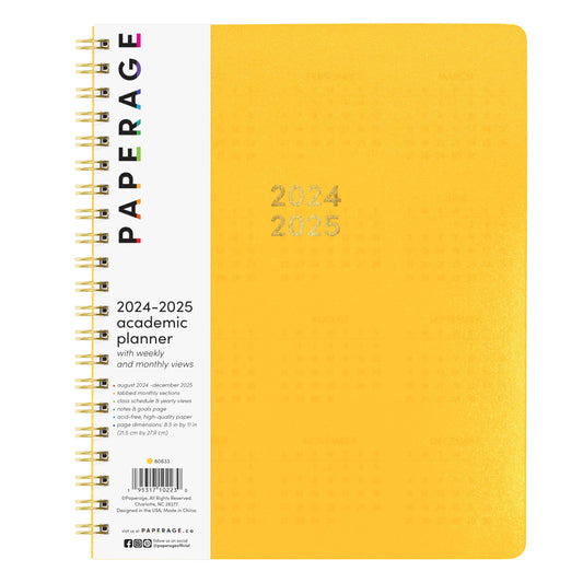 PAPERAGE 17 Month Academic Planner 2024-2025, Weekly & Monthly Spreads, August 2024 - December 2025, Large (9 in x 11 in), Yellow