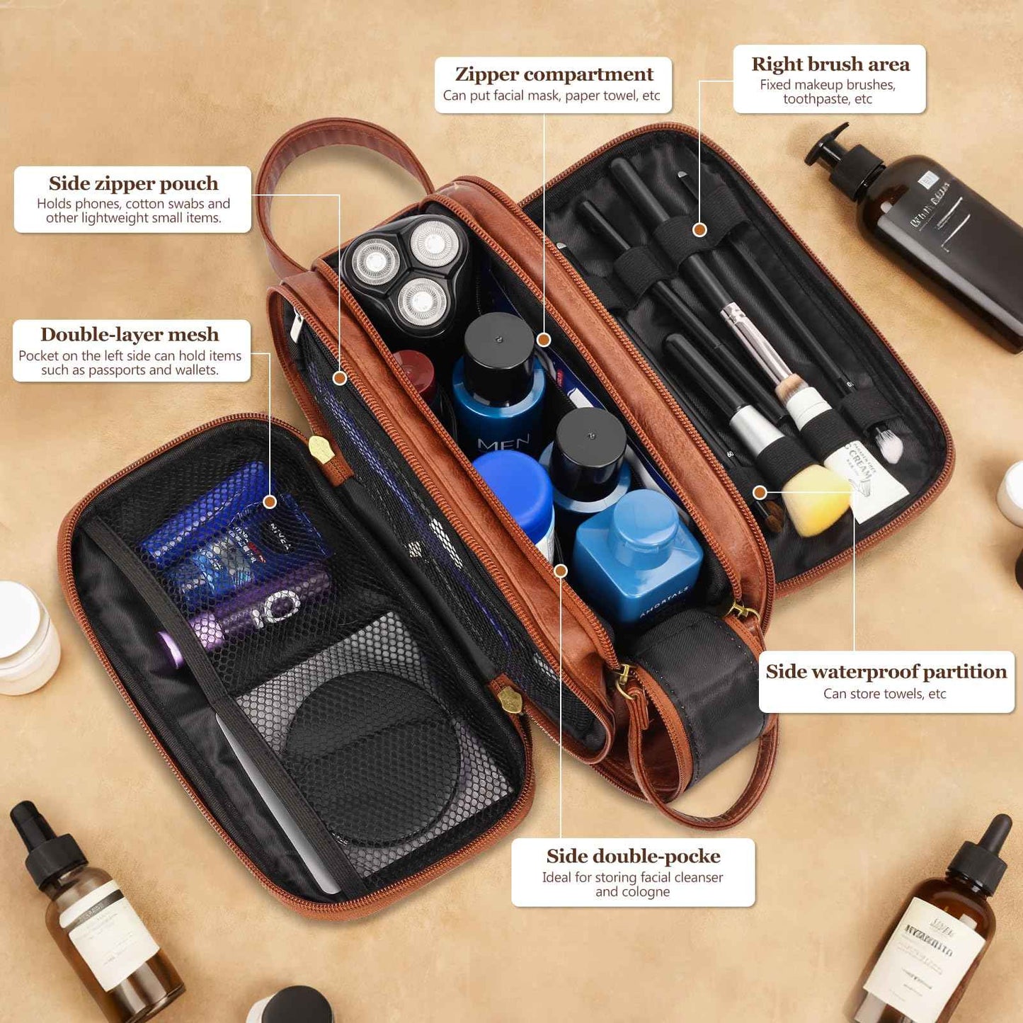 MaqSacion Travel Toiletry Bag for Men,Mens Shaving Bags for Toiletries,Men's Toiletry Travel Bag Leather,Personalized Travel Essentials,Birthday Gifts For Men,Brown- M