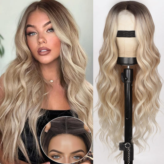 XIXIBI Long Dirty Blonde Wigs for Women, 26 Inch Ombre Blonde Curly Wavy Wig, Middle Part Lace Front Natural Looking Synthetic Wig for Daily Party Use