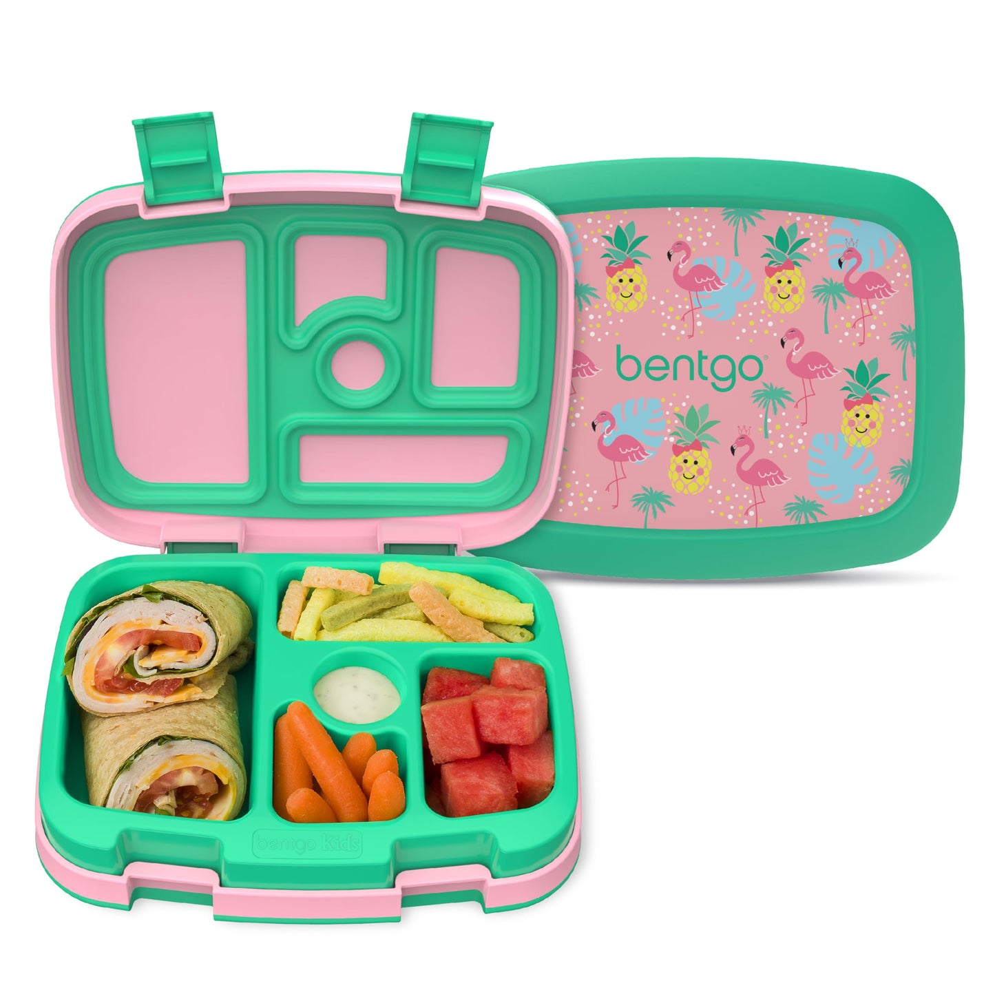 Bentgo Kids Prints Leak-Proof, 5-Compartment Bento-Style Kids Lunch Box - Ideal Portion Sizes for Ages 3-7, Durable, Drop-Proof, Dishwasher Safe, & Made with BPA-Free Materials (Tropical)