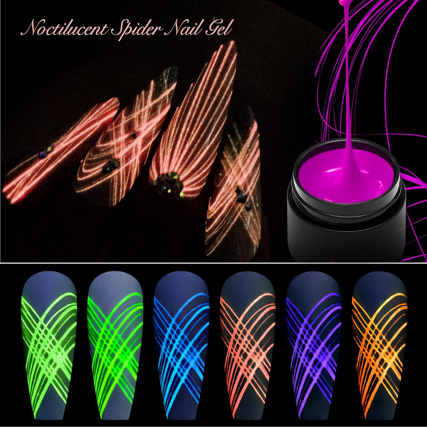 MEET ACROSS 6 Colors Luminous Spider Gel, Glow In The Dark Nail Art Drawing Gel for Line, Painting Elastic Drawing Spider Gel for Nail Art, Soak off UV LED Nail Gel, DIY Nail Art Manicure with Brushes