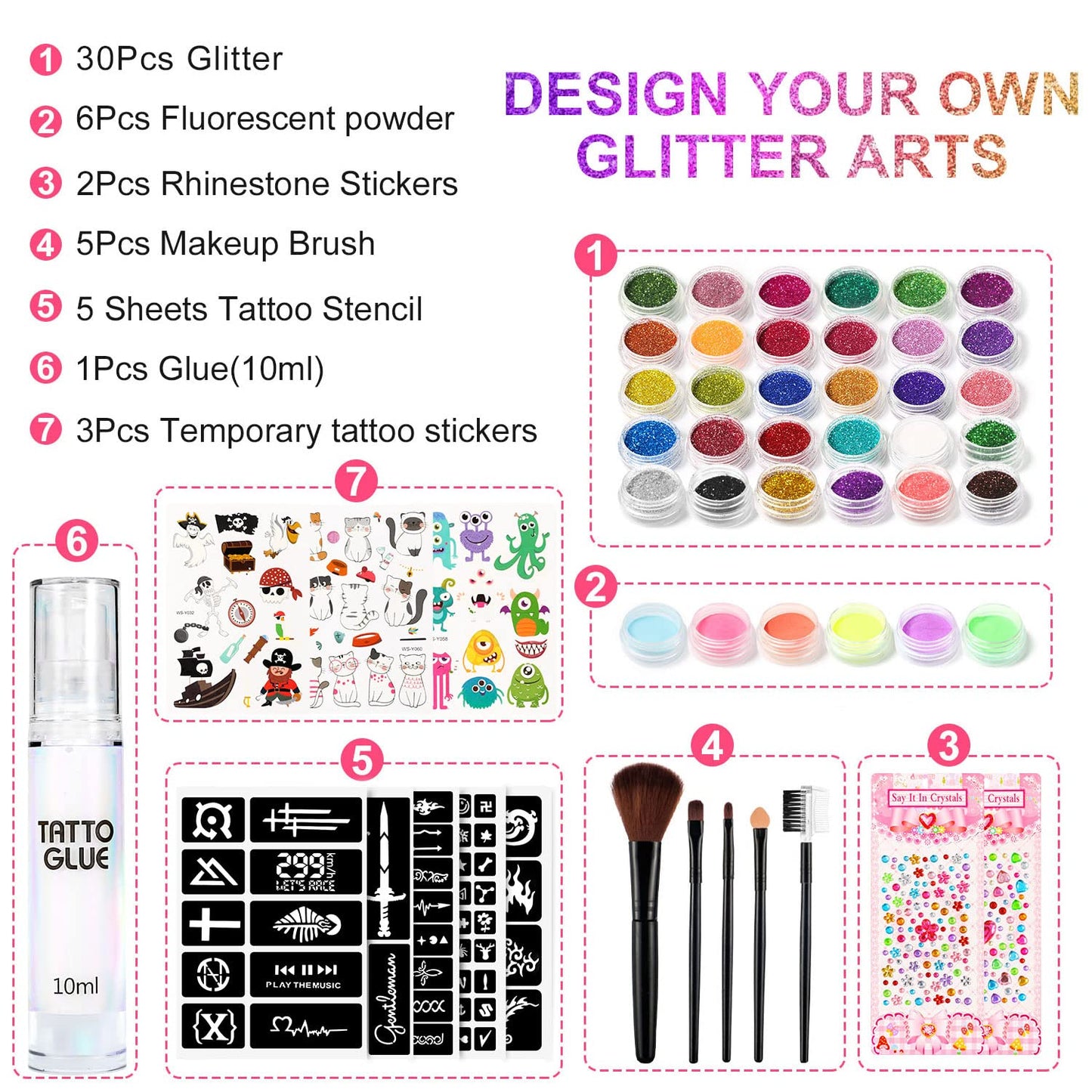 Temporary Glitter Tattoo,30 Glitter Colors, 5 unique stencils, 1 Body Glue, 5 Brushes, stickers and Rhinestones, Adults & Kids Arts Glitter Make Up Kit, Gift for Halloween Christmas Birthday Party