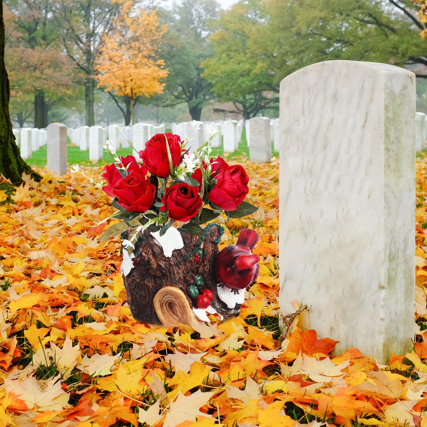 bocola Cardinal Cemetery Decorations Cardinal Grave Vase with Artificial Roses Flowers for Headstones Gravesite Graveyard Decorations Memorial Gift