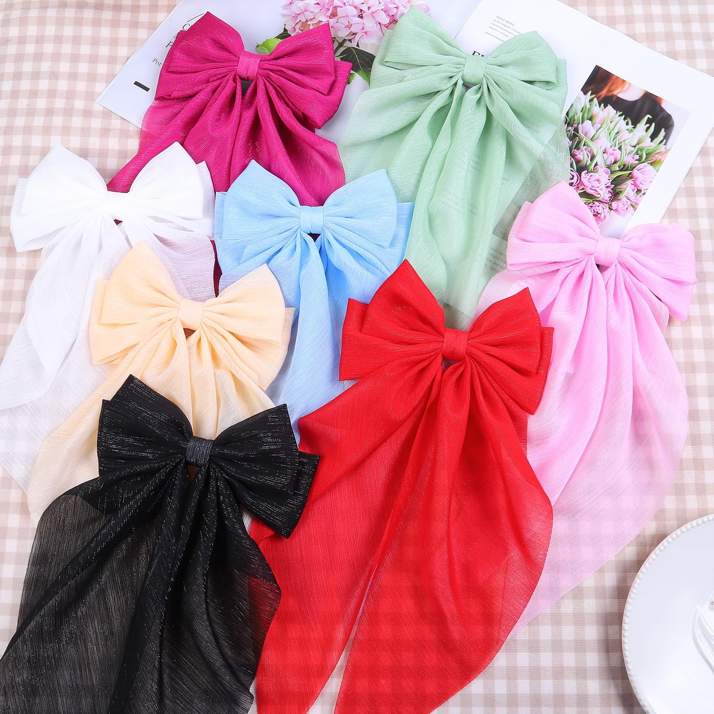 ONEYE 8 Pack Large Hair Bows for Women Big Bow Hair Clips Handmade Hair Ribbons Clips French Barrette Bowknot with Long Tail Hair Accessories for Women Girls