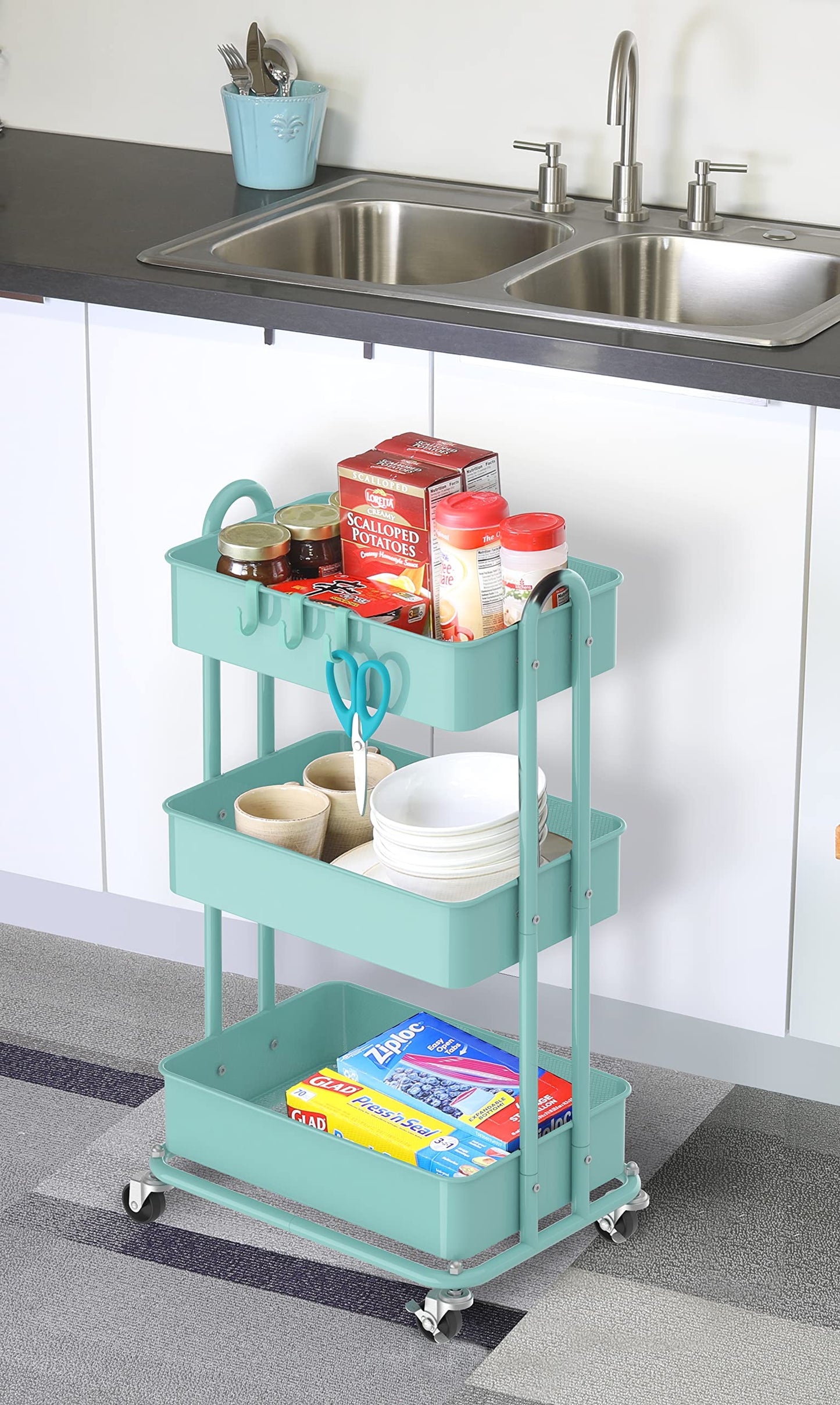 Simple Houseware Heavy Duty 3-Tier Metal Utility Rolling Cart, Turquoise