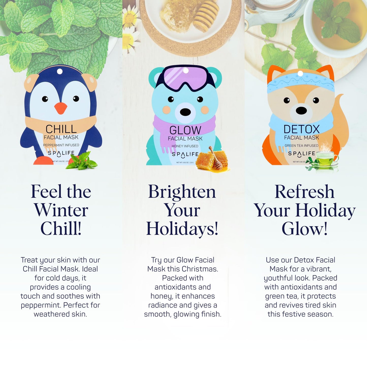 SpaLife Snow Buddies Facial Mask 10 Pack - Hydrating Character Sheet Masks for Women, Moisturizing Skincare Variety Set for Glowing Skin - Korean Facial Mask Spa Treatment with Natural Ingredients