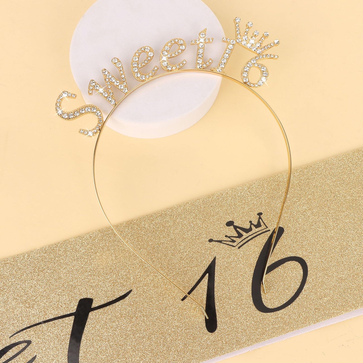 CAVETEE Sweet 16 Party Decorations, Gold Sweet 16 Sash and Crown 16th Birthday Crown for Girls 16th Happy Birthday Party Decorations