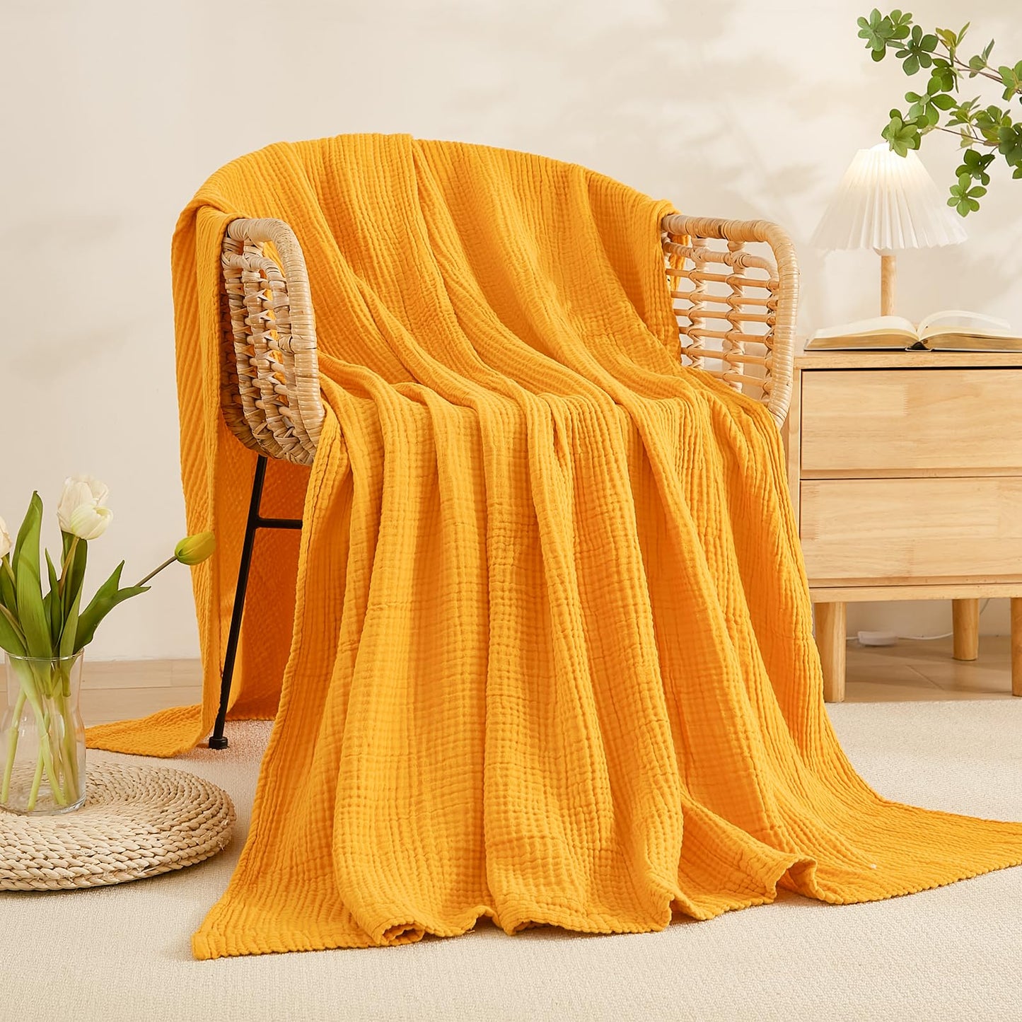 EMME Cotton Blanket Queen Size for Bed Soft Large Muslin Bed Blankets 80"x90" Lightweight Breathable Blanket All Season Gauze Blanket, Mustard Yellow