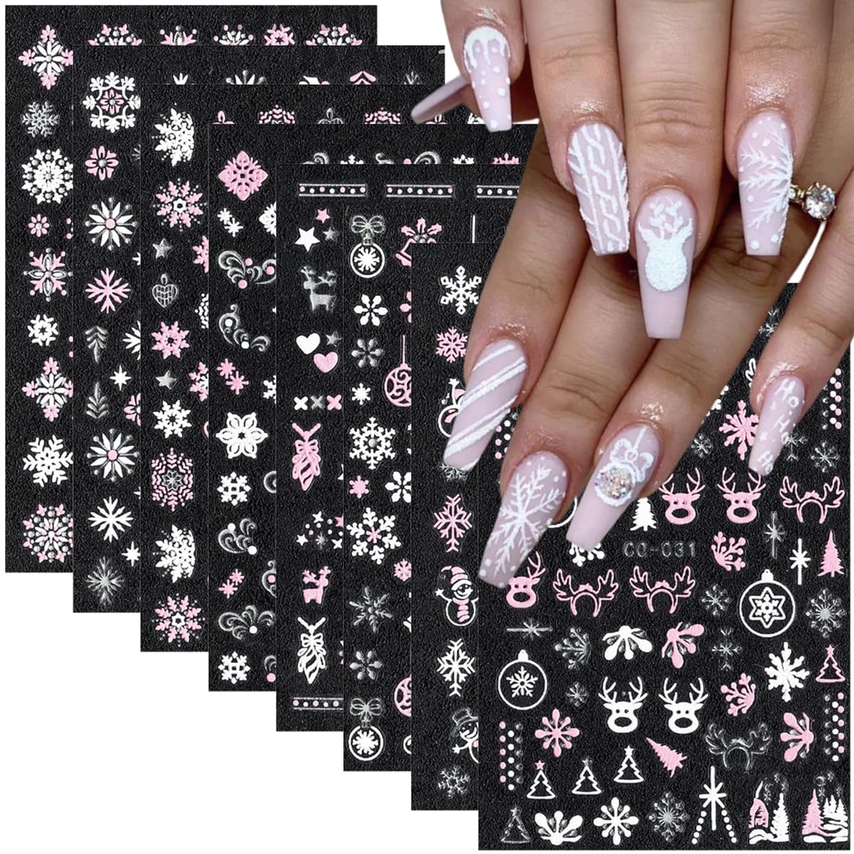 12 Sheets Christmas Nail Art Stickers 5D Self-Adhesive Pink Snowflake Nail Decals Xmas Bell Elk Nail Art Design Stickers Winter Holiday Nail Stickers for Women Girls DIY Acrylic Manicure Supplies