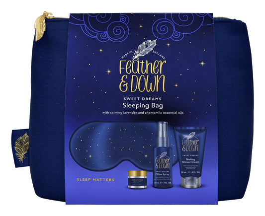 Feather & Down Sleeping Bag Gift Set: Luxury Eye Mask, Sleep Balm, Pillow Spray and Shower Cream, with Calming Lavender & Chamomile Essential Oils, Vegan & Cruelty Free