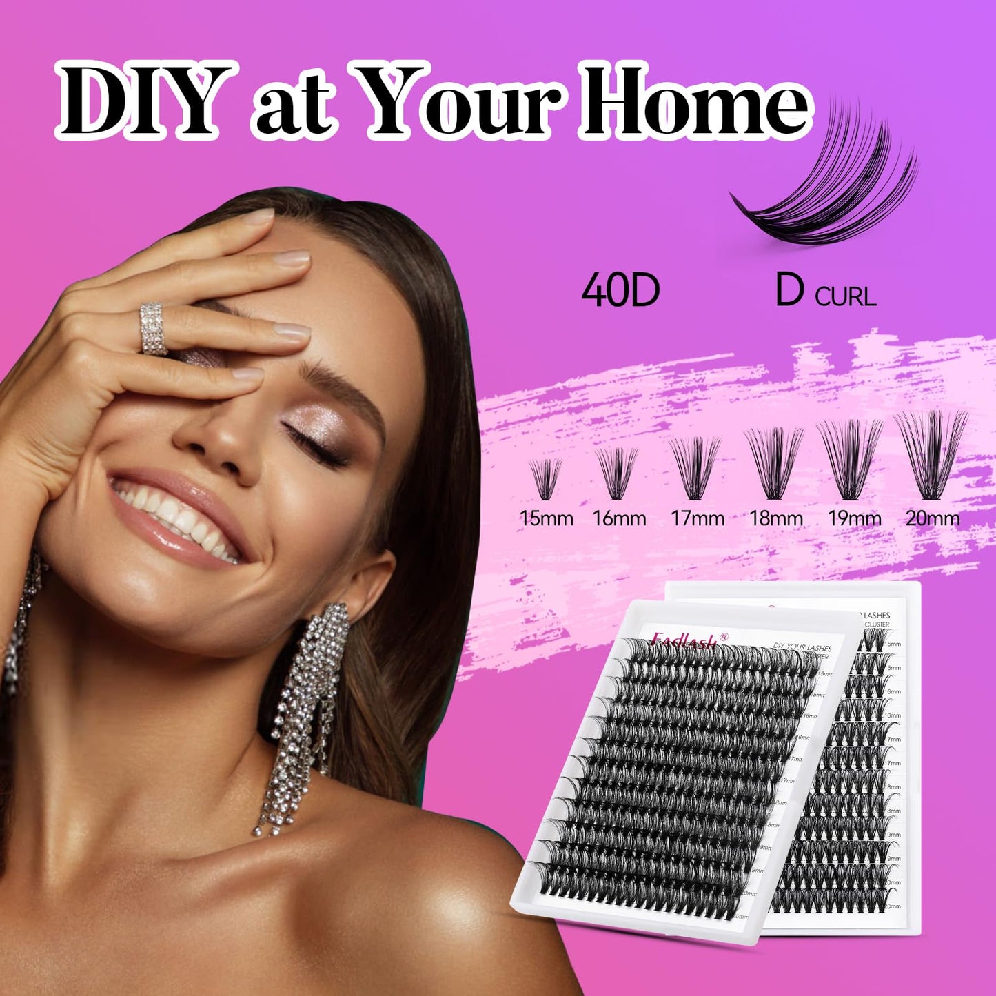 FADLASH DIY Lash Extension Kit Individual Lashes Cluster D Curl Eyelash Extension Kit with Lash Bond and Seal and Lash Applicator Tool for Self Application at Home (40D-0.07D-15-20MIX KIT)