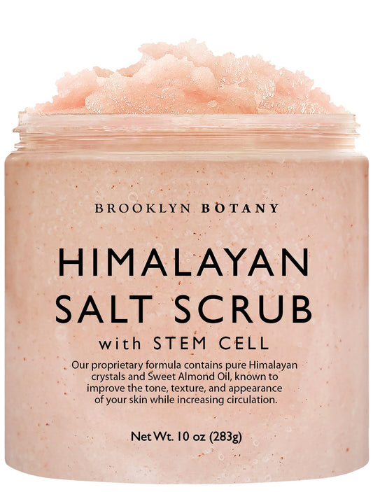 Brooklyn Botany Himalayan Salt & Stem Cell Body Scrub - Moisturizing and Exfoliating Body, Face, Hand, Foot Scrub - Fights Stretch Marks, Fine Lines, Wrinkles - Great Gifts for Women & Men - 10 oz