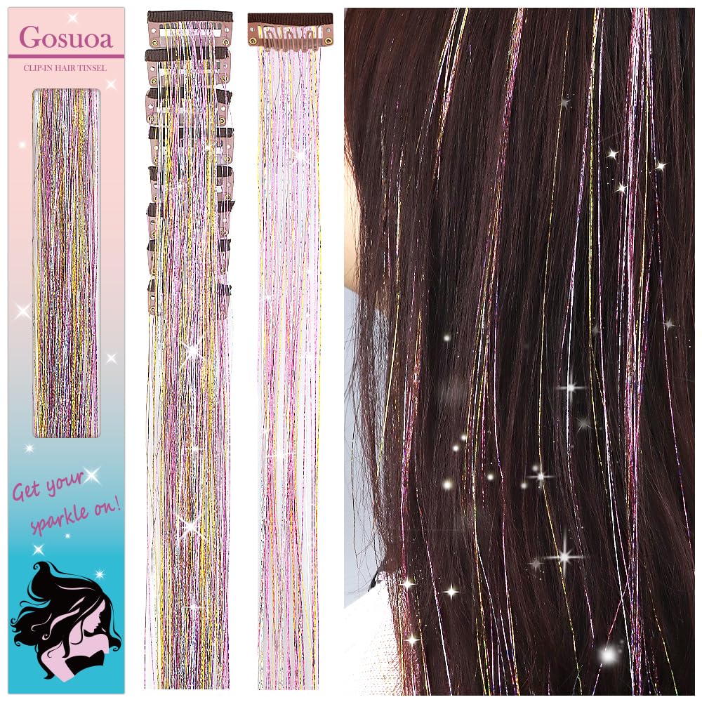 Gosuoa Pack of 8 Pcs Hair Tinsel Clip in, 19.6 Inch Heat Resistant Tinsel Hair Extensions Clip in, Sparkle Fairy Hair Tinsel Kit for Women Girls Hair Accessories(Galaxy)