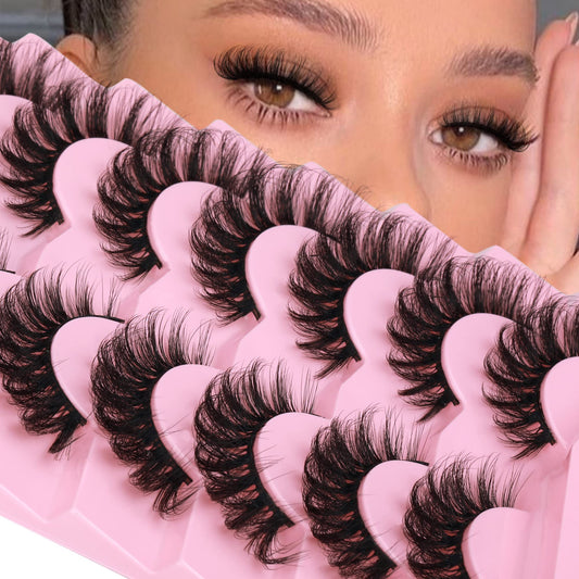 JIMIRE Mink Lashes Fluffy Cat Eye Lashes Wispy 6D Volume False Eyelashes that Look Like Extensions Thick Soft Curly Fake Lashes 7 Pairs Pack