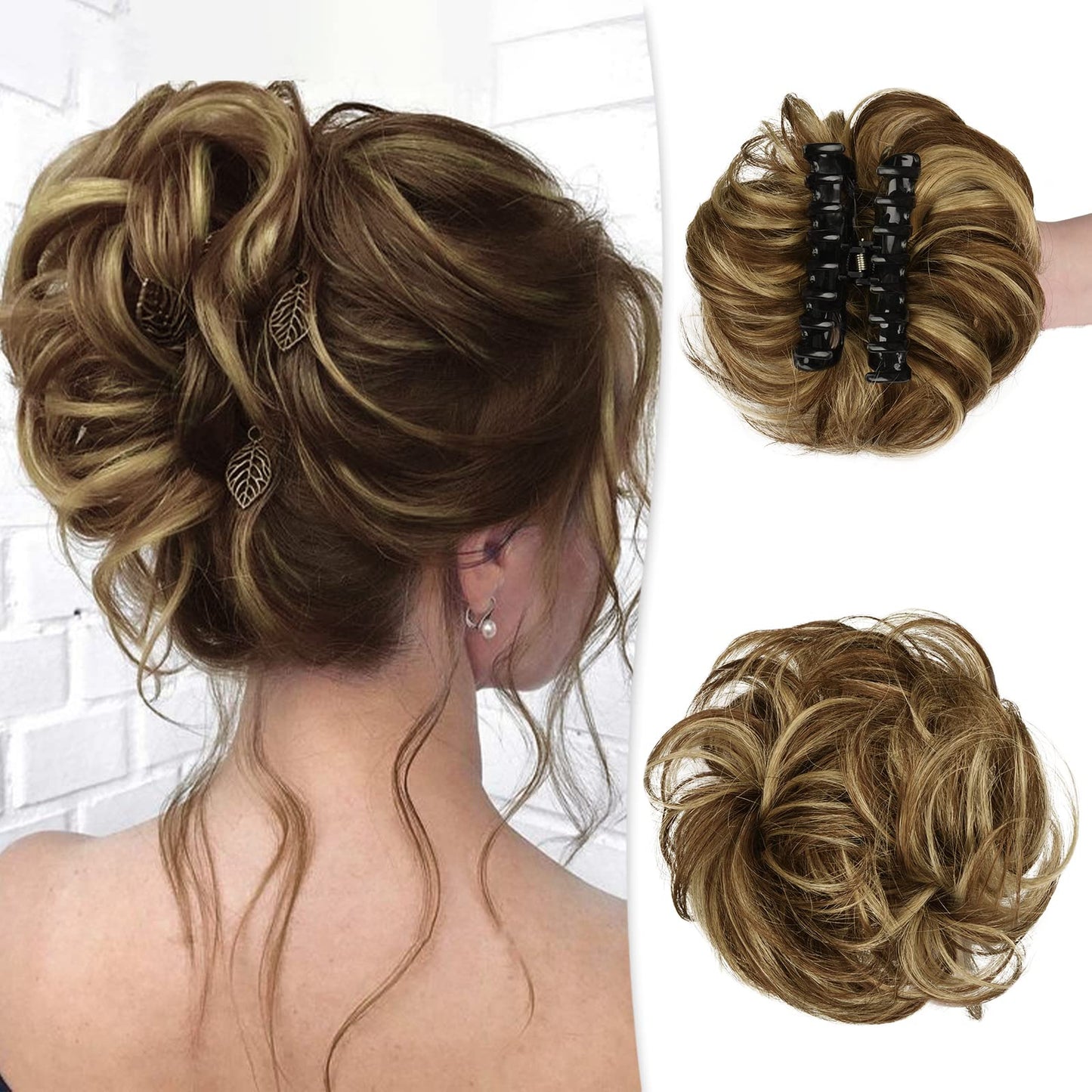 Claw Clip Messy Bun Hair Piece Real Human Hair Buns Wavy Curly Chignon Hair Bun Extensions Tousled Updo Hair Buns Claw Clip Ponytail Hairpieces with Clip for Women（Brown with Blonde Highlights 3）