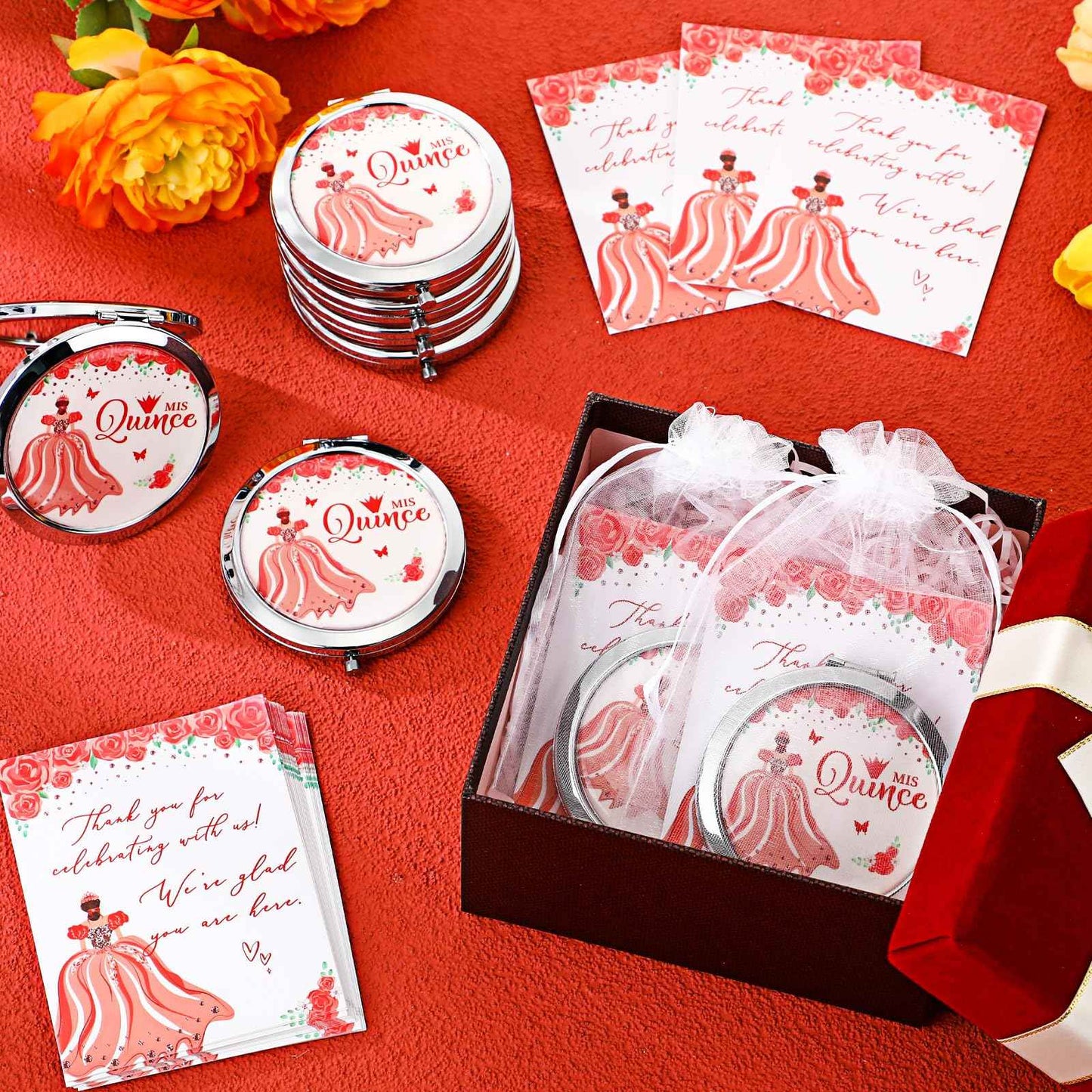 Menkxi 24 Sets Quinceanera Party Favors for Guests Mis Quince Compact Pocket Mirrors and Quinceanera Cards with Organza Bags for 15 Years Sweet Mis Quince Birthday Party Favor (Red)