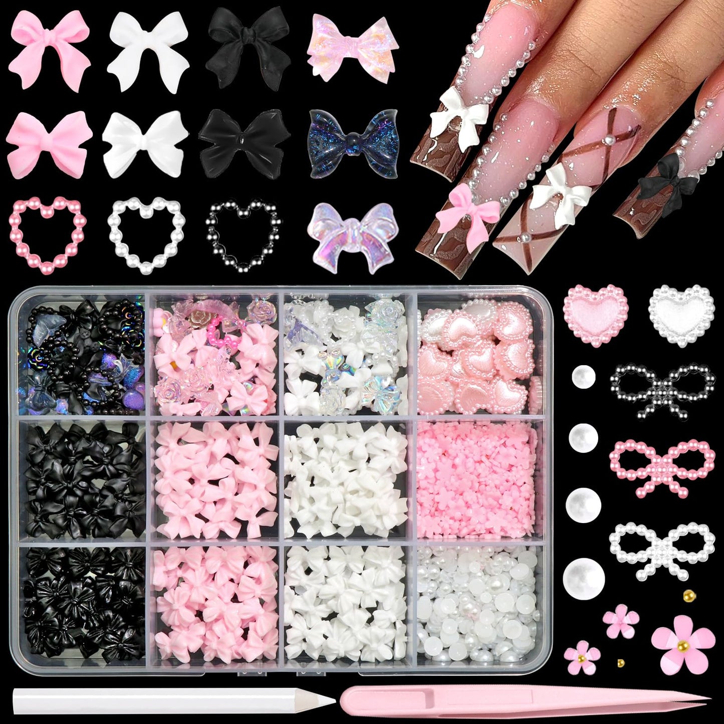 BELICEY 600PCS 3D Nail Charms and Flatback Pearls 3 Colors Bows Nail Art Charms Flower Heart Shaped Nail Charms Cute Kawaii Pretty Nail Beads Charm for Manicure DIY Crafts Jewelry Accessories