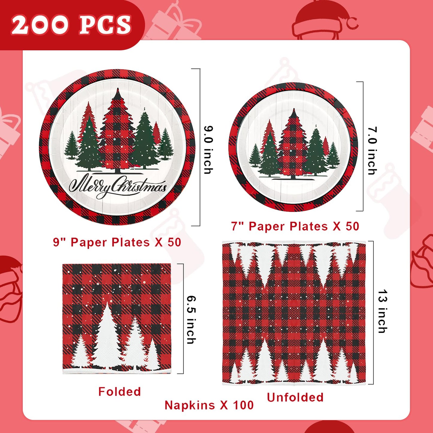 Homlouue 200 Pcs Christmas Paper Plates and Napkins, Christmas Tree Red and White Plates and Napkins Disposable, Christmas Dinner Plates and Napkins Serve 50 Guest, Christmas Party Table Decorations