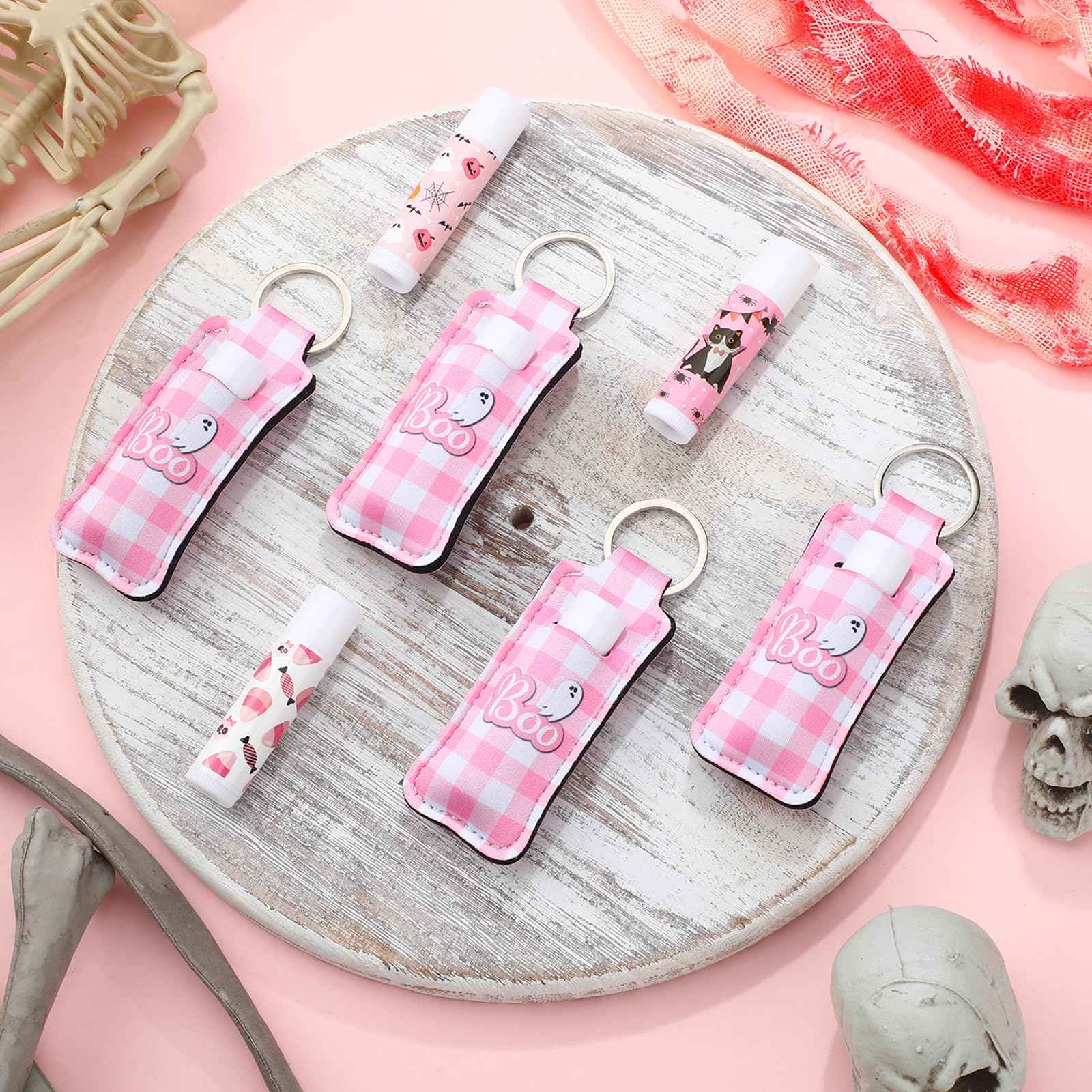 Swiffen 36 Pcs Halloween Lip Balms Gifts Bulk Halloween Party Favors Lip Balm Holder Keychain Spooky Ghost Skull Bat Lipstick Moisturizers for Adults Treat Bags Stuffers Party Supplies(Pink Style)