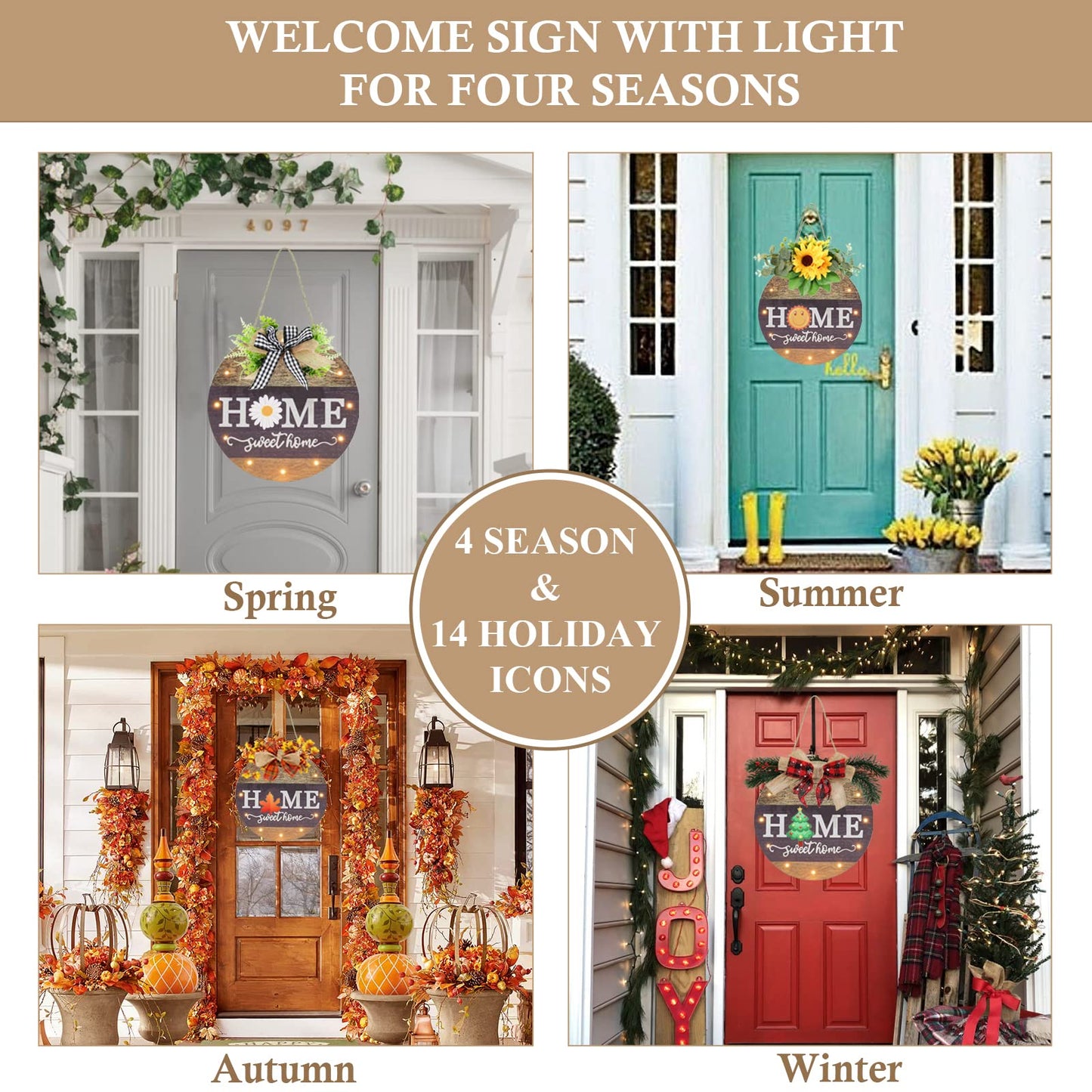 Interchangeable Seasonal Welcome Sign Front Door Decoration with 4 Seasonal Wreaths and LED Light, Rustic Round Wood Wreaths Wall Hanging Outdoor, Farmhouse Front Door Decoration Home Décor