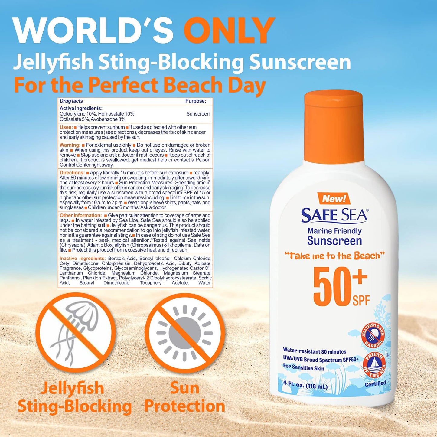 Safe Sea Jellyfish Sting-Blocking Sunscreen, SPF 50+ Lotion 4oz, Waterproof, Biodegradable, Coral Reef-Safe – Body and Face Sunscreen, Anti-Jellyfish and Sea-Lice sting protection. 4 Fl Oz (Pack of 2)