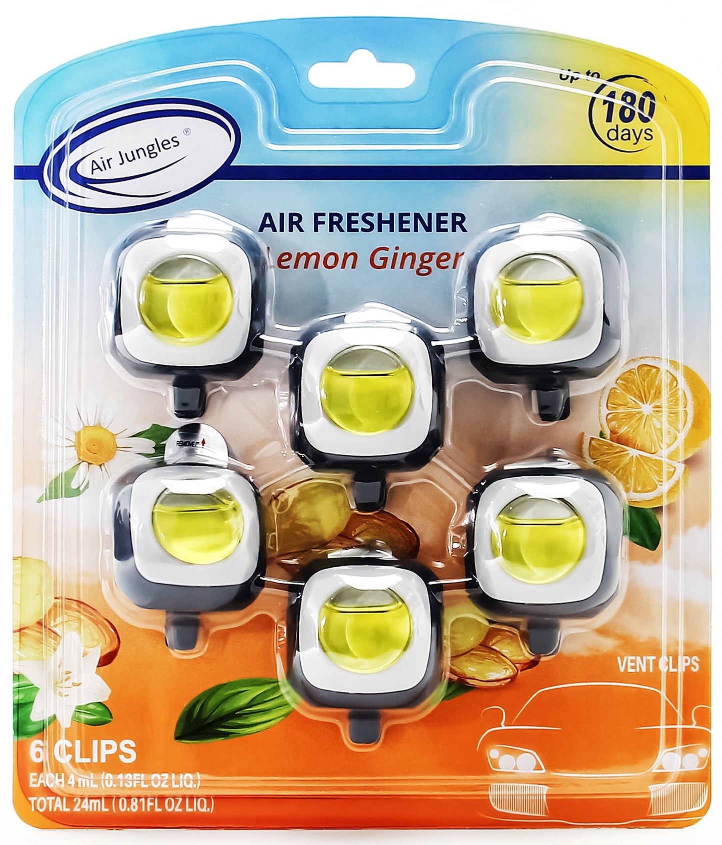 Air Jungles Lemon Ginger Scent Car Air Freshener Clip, 6 Car Freshener Vent Clips, 4ml Each, Long Lasting Air Freshener for Car, Up to 180 Days Car Refresher Odor Eliminator