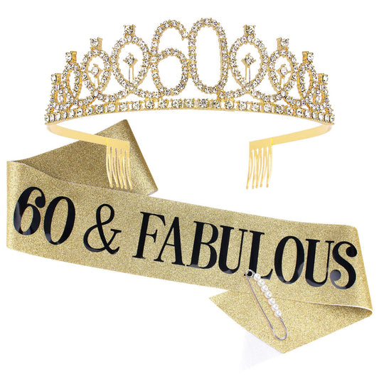 Tihebax 60th Birthday Sash and Tiaras for Women, 60th Birthday Decorations Women Fabulous Sash and Crown for Women 60 & Fabulous Birthday Gifts for Happy 60th Birthday Party Favor Supplies (Gold)