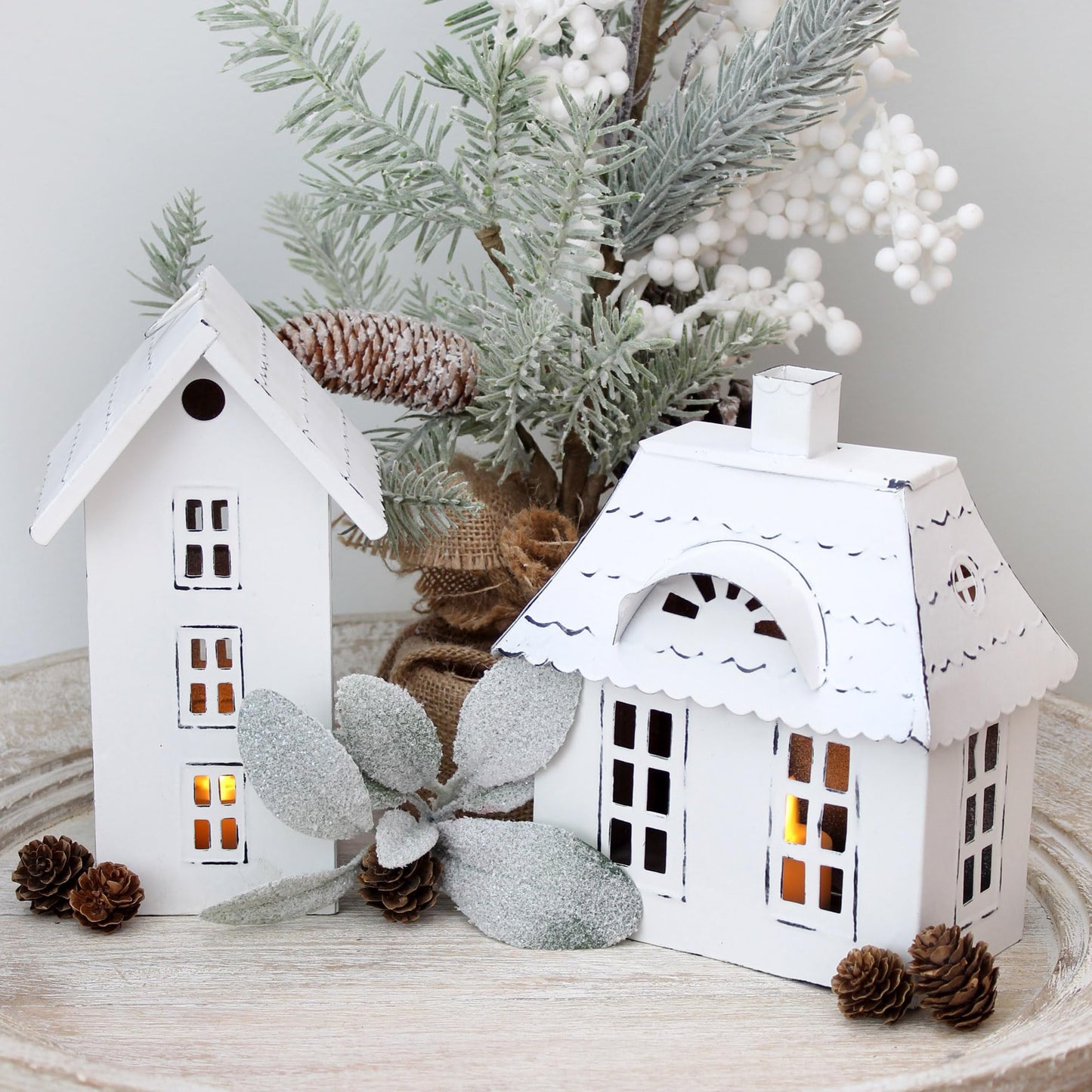 AuldHome Farmhouse Decor Tin Houses (Set of 3, White); Candle Lantern Decorative Holiday Christmas Village Display or Votive Holder