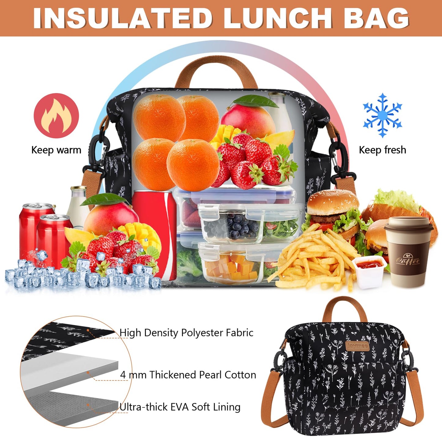 Joymee Insulated Lunch Bag for Women Men- Leak-Proof Large Capacity Lunch Box for Adult with Adjustable Shoulder Strap Side Pockets- Lunch Cooler Bag - for Trip, Picnic, Work, White Flowers