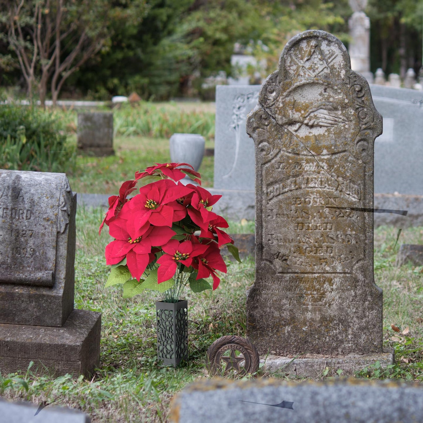 Memobloom Christmas Cemetery Flowers for Grave: 2 Pcs Artificial Red Poinsettias Bouquets for Cemetery Decorations