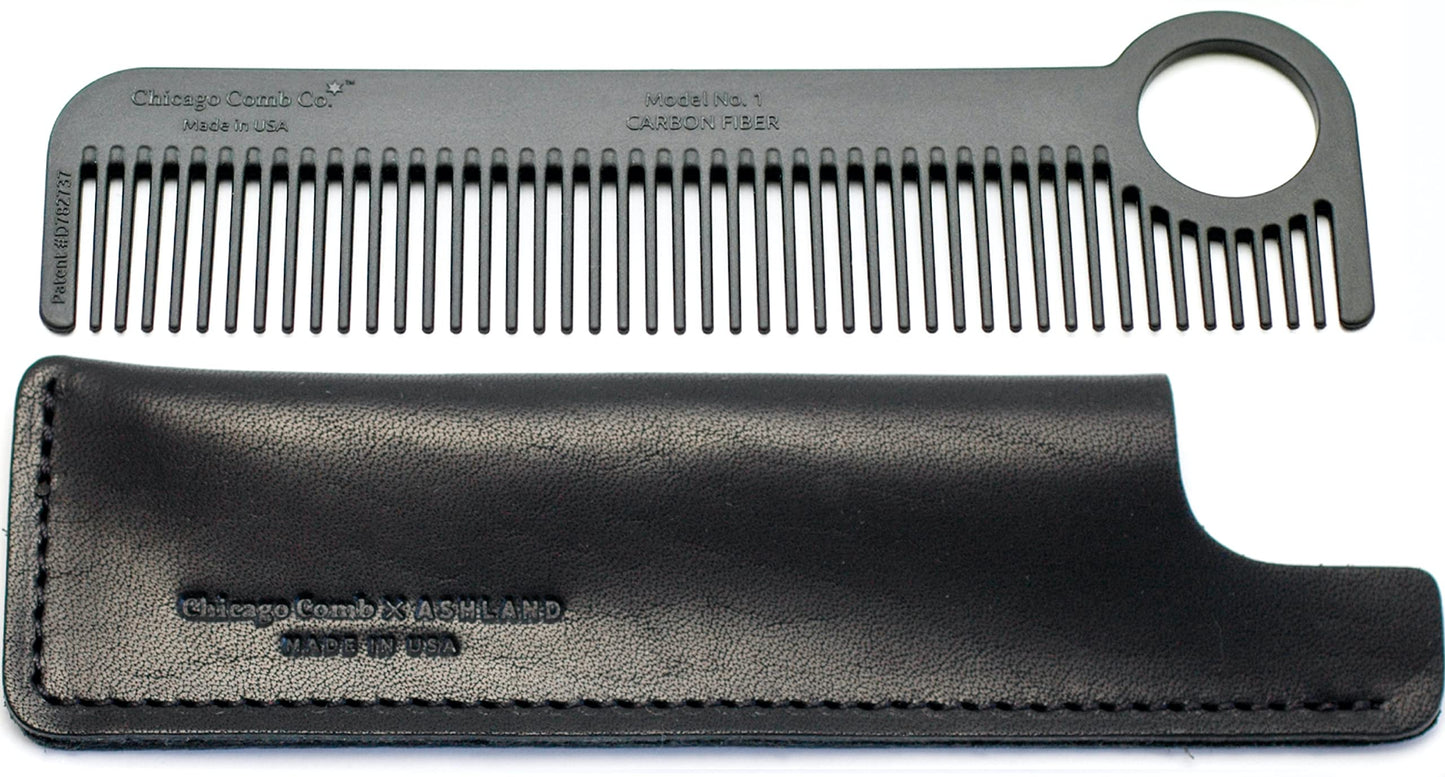 Chicago Comb Model 1 Carbon Fiber + Black Horween leather sheath, pocket and travel comb, Made in USA