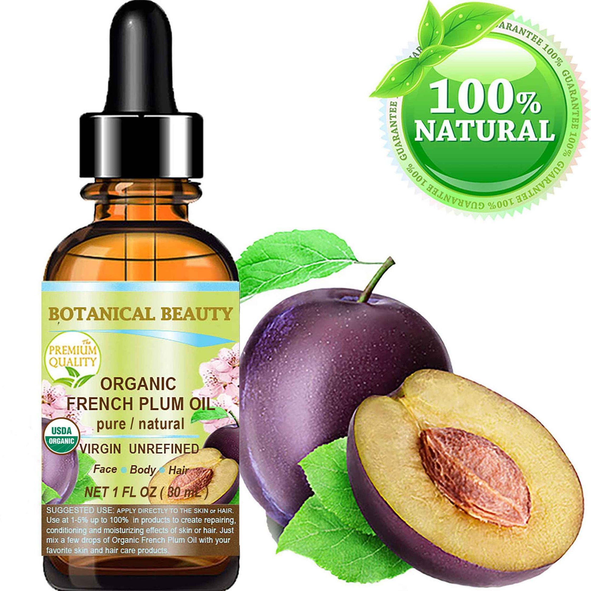 Botanical Beauty Organic French PLUM OIL 100% Pure Natural VIRGIN UNREFINED Cold-Pressed Carrier Oil for Face, Skin, Body, Hair, Lip, Nails. Rich in Vitamin E, Omega 6, Omega 9 (1 Fl Oz)