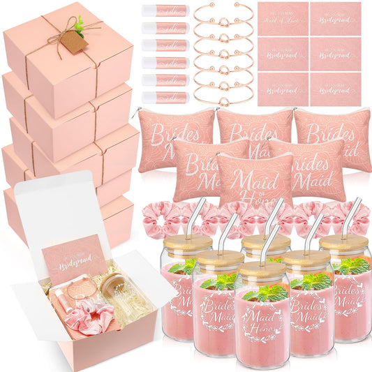FillTouch 42 Pcs Bridesmaid Proposal Gifts Maid of Honor Gifts Include Gift Box Glass Cup Cosmetic Makeup Bags Invited Cards Lip Balm Hair Scrunchie Bracelets for Wedding Bridal Shower(Pink)