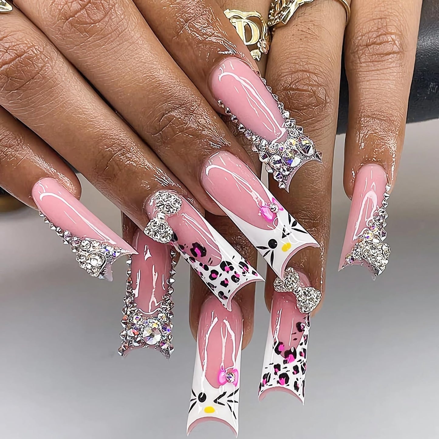 BABALAL Press on Nails Long Square Fake Nails White French Glue ons Nails Y2k Cat and Metallic Bow Charm Design Acrylic Nails 24Pcs Bling Rhinestone Squoval False Nails